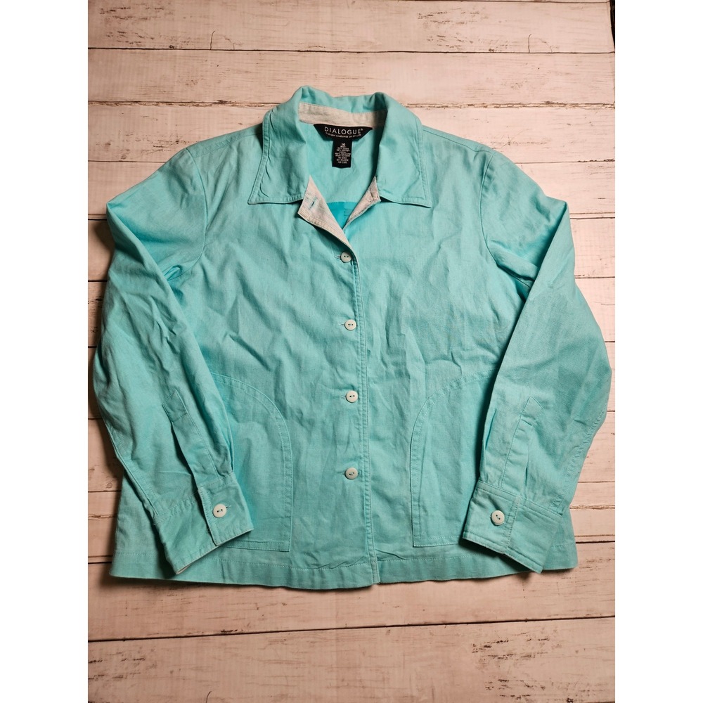 Dialogue Womens Turquoise Aqua Linen Blend Button Up Jacket Blazer Size 10